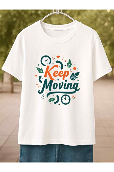 1001 Line تي شيرت رجالي أبيض بتصميم تحفيزي "Keep Moving" مع أيقونات (صالة الأ...
