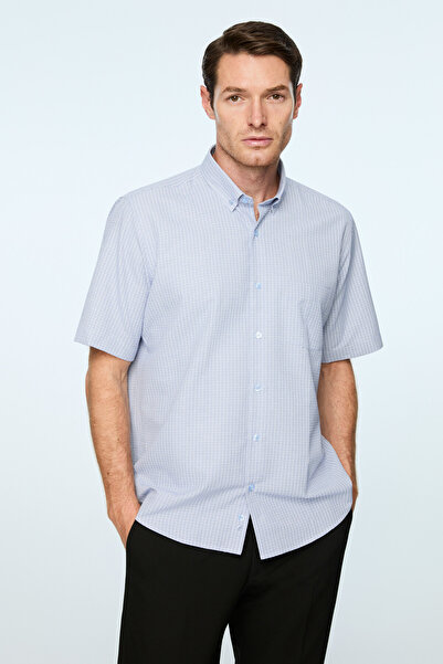 Morven Men's Blue Trendy Patterned Regular Fit Button-Down Collar Short Sleev...