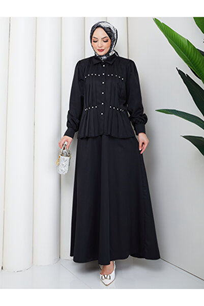 EFSUN MODA Elegant Pleated Skirt with Pearl Details and Tessel Trimmed Suit