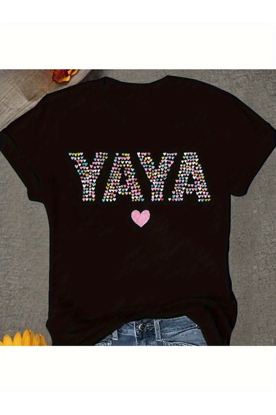 BASEPULSE Women'S Black Graphic T-Shirt with Colorful "YAYA" Text & Pink Hear...