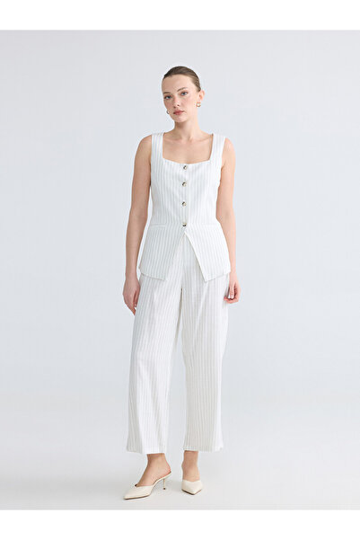 LC Waikiki Pantaloni de damă cu talie elastică, cu dungi, din amestec de in