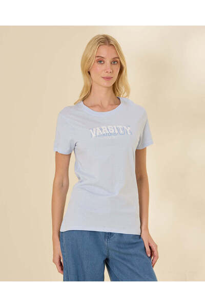 REDTAG Women Light Blue Graphic T-Shirt