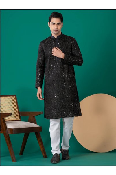 Devoiler Mens Thread & Sequins Work Cotton Kurta Set
