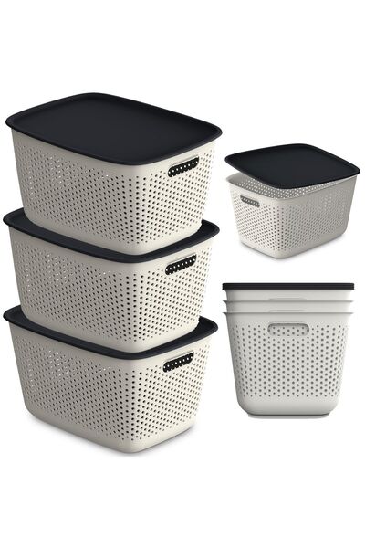 EDANTI 3x Cutie de depozitare din plastic bej, perforată, cu capac, 17L