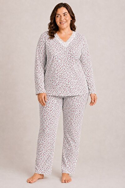 CottonVia Mother's Pajama Set, Lace V-Neck, Long Sleeves, 100% Cotton, Red Fl...