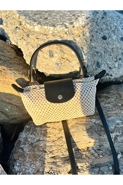 SANTA FLEX Women's Black Faux Leather Detailed Mini Straw Hand and Shoulder Bag