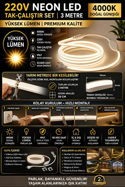 ECONA 3 METRE Neon Esnek Şerit Led DOĞAL GÜNIŞIĞI 4000K Işık Tak Çalıştır Tez...