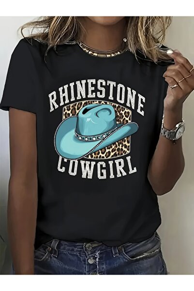BASEPULSE 1pc Wo 'S Rhinestone Cowgirl T-Shirt | Black Short Sleeve Crew Neck...