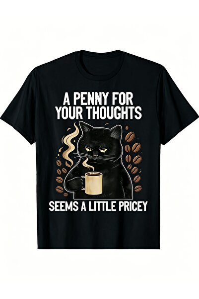 17 seramik Men'S Pure T-Shirt with Fun Black Cat Drinking Coffee Print, Summe...
