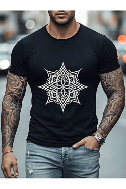 17 seramik Men's Pure Cotton T-shirt, Vintage Mandala Octagonal Star Print De...