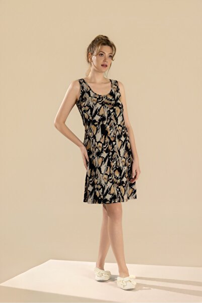 BAYKAR Women's Viscose Ethnic Patterned Thick Strap Home Dress 9302 Black