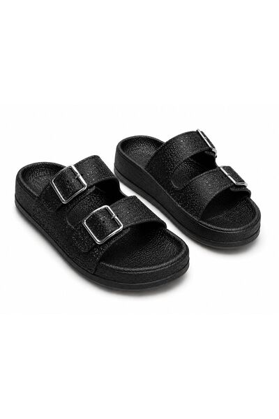 FLEXİS Women's Black Glittery Double Buckle Orthopedic Sole Daily Slippers - ...