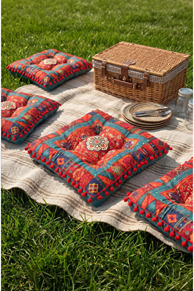 CANİLA Etnik Kilim Fas Desenli Sandalye Minderi 43x43x7 Cm Ponponlu Fermuarsı...