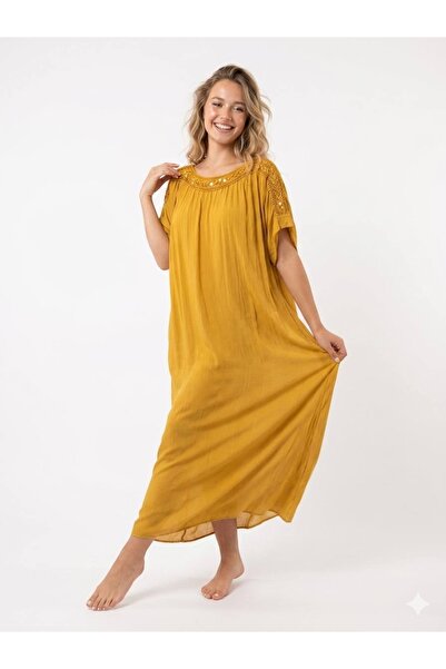 Genel Markalar Fortuna Moda İtalyan İpek Detaylı Dantel Yaka Oversize Elbise