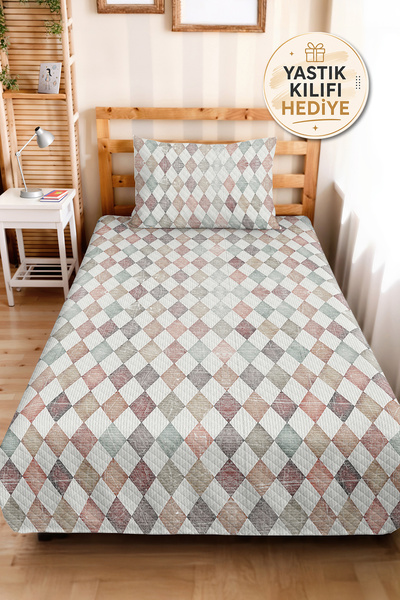 Evimde Bambaşka Geometric Gray Young Room Single Pique Set - Pastel Copper 16...