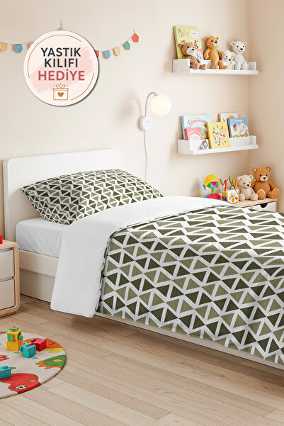 Evimde Bambaşka Geometric Green Minimal Single Pique Set - Khaki White Bohemi...