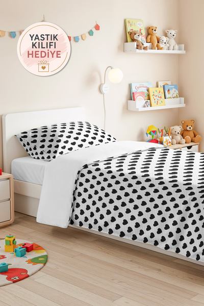 Evimde Bambaşka Black Heart Patterned Teen Room Single Decorative Pique Set -...