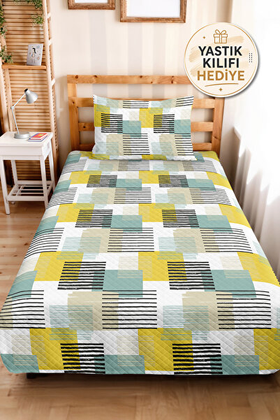Evimde Bambaşka Geometric Yellow Young Room Single Pique Set - Mint Striped 1...