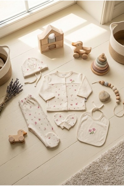 Minelia Kids %100 Organik Pamuk Kutulu 5'li Yenidoğan Çiçek Nakışlı Hastane Ç...