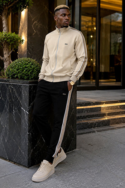 BESSA Beige Stand Collar Striped Tracksuit Set with Zipper Pockets, Elastic C...