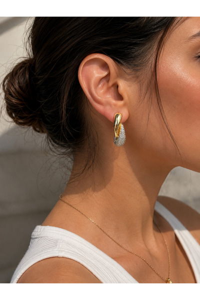 ANKA JEWELLRY KADIN ÇELİK ALTIN GÜMÜŞ RENK DAMLA FORM ZİRKON KÜPE