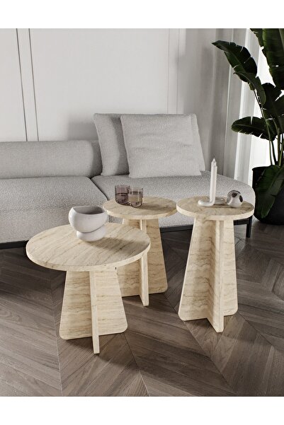 KZNMOB HOME Mush 3lü Zigon Sehpa, Beyaz, Ceviz, Meşe, Traverten Desenli- Tama...