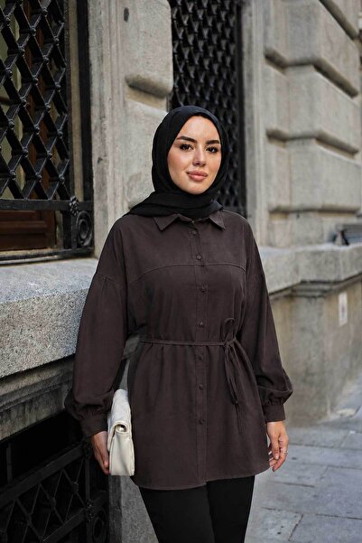 LOCCO Women's Modal Shirt with Green Front and Waist Tie, Bitter Brown
