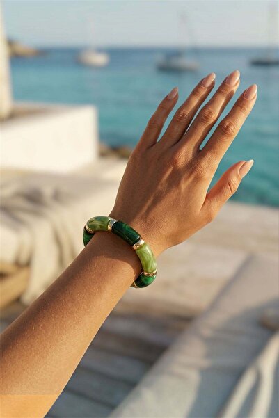 MatmazelLavinya Green Bone Bracelet |   Gold Detailed Elastic Women's Bracelet