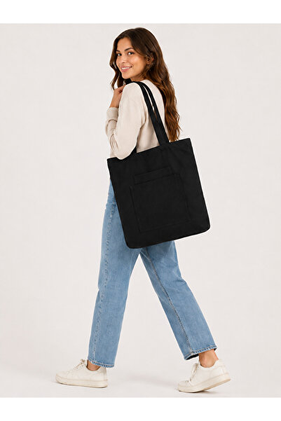 İKStore Women's Black Zippered Hand and Shoulder Bag Fabric Tote Bag A8