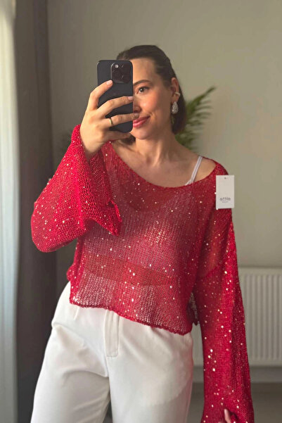 Kubos Moda Sequined Openwork Knit Boat Neck Red Crop Blouse