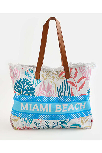 REDTAG Women Ivory And Blue Printed Beach Bag