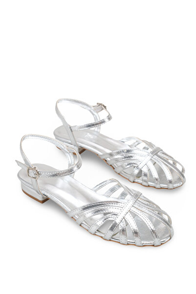 Bak Store Silver Women's Sandals with Kitten Heels and Gold Piping with Ankle...