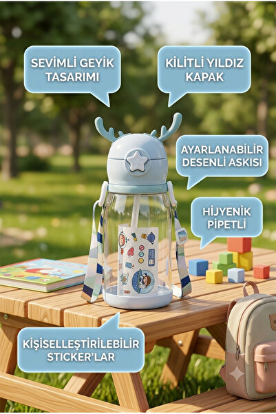 Homerest Sevimli Geyik Tasarımlı Kilitli Kapaklı Pipetli Çocuk Suluğu, Ayarla...