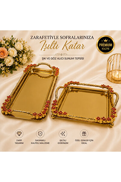 Mihremir 2’li Dikdörtgen ve kare Gold Sunum Tepsisi - Söz tepsisi - kahve sun...