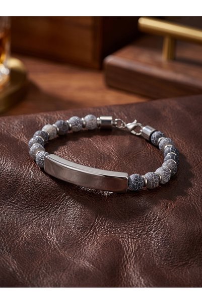 Parmas Design Matte Agate White Plate Steel Chain Men's Premium Gift Bracelet 01870