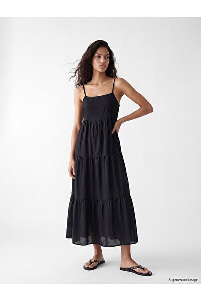 LC Waikiki Xside Black Square Neck Rope Strap Layered Dress
