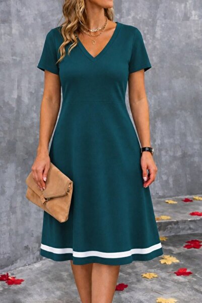 Generic Brand Women's Short Sleeve V-Neck Midi Janjan Crepe Dress with Stripe...