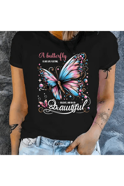 212Wear تي شيرت نسائي بتصميم فراشة، مريح بياقة دائرية، قطن مخلوط، أكمام قصيرة...