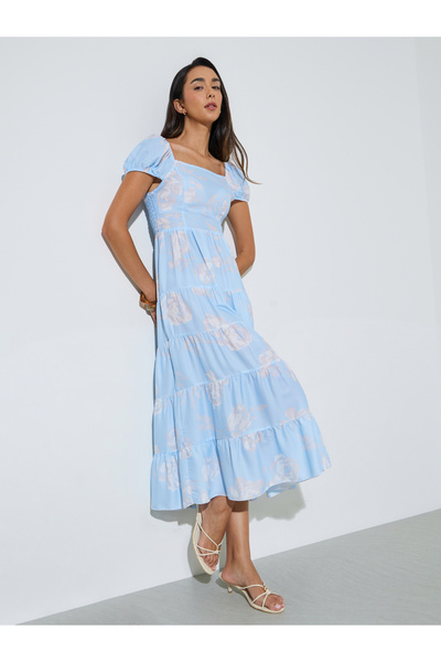Styli Blue Floral Print Tiered Midi Dress