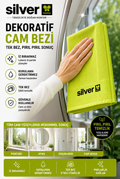 SİLVER HOME Dekoratif Mikrofiber Cam Bezi 42x68 cm 200 GSM Yeşil İz Bırakmaz Süper Emici Cam Ayna Pencere Duşakabin Silme Bezi