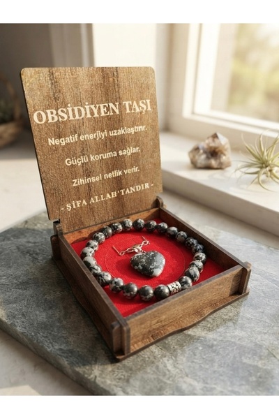 Meneva Aksesuar Obsidian Natural Stone Wooden Boxed Necklace and Bracelet Set