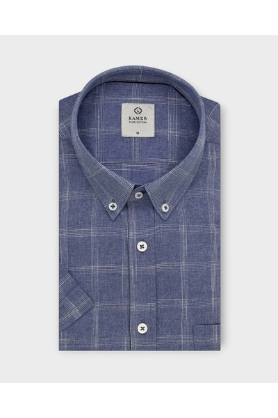 KAMER Men's Regular Fit Short Sleeve 100% Cotton Button-Up Collar Checked Dar...