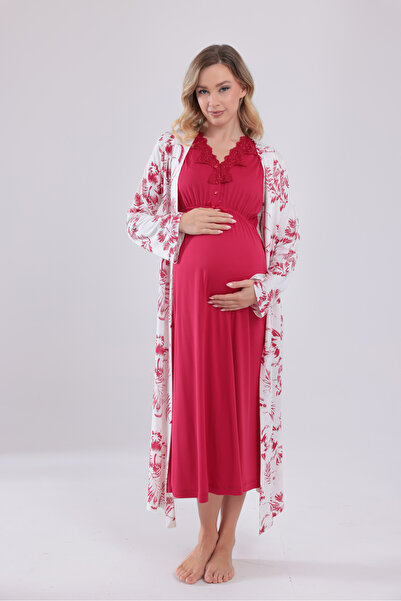 Yulem Homewear طقم ملابس نوم للحوامل من القطن بتصميم دانتيل الكرزي من نيو سيز...