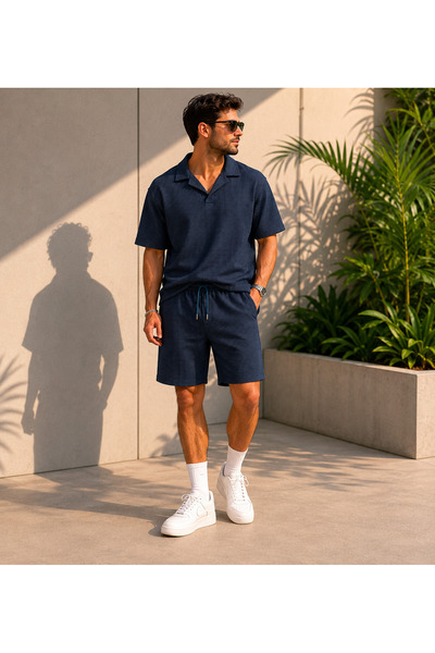 luci sports Men's Set Pitircik Fabric Cuban Collar T-Shirt & Shorts