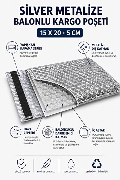 Ezupack Silver Metalize Cool Mailer Balonlu Bantlı Torba (15x20+5) Kargo Torb...