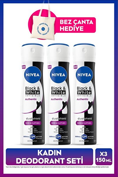 NIVEA Kadın Sprey Deodorant Black&White Authentic 150ml, Terleme Karşıtı, Alk...