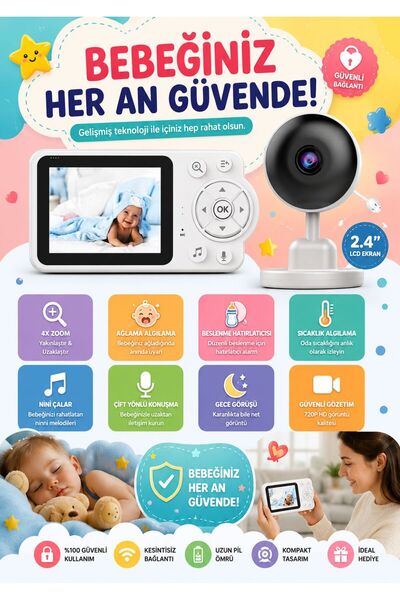 howear Kablosuz Bebek Kamerası 2.4'' LCD Ekran 4X Zoom Gece Görüşü Çift Yönlü...