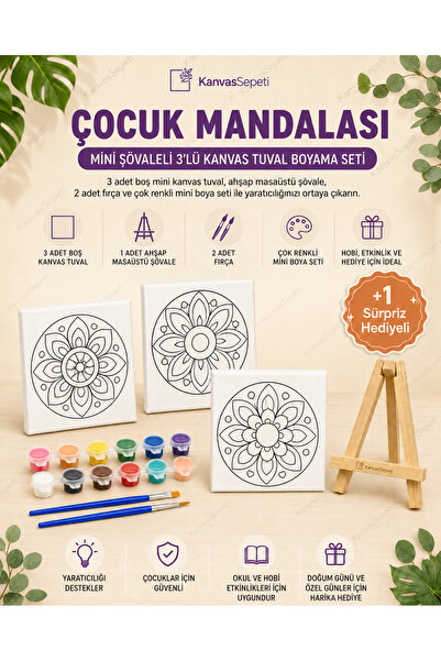 KanvasSepeti Çocuk Mandalası Mini Şövaleli 3'lü Boyanabilir Kanvas Tuval Seti...