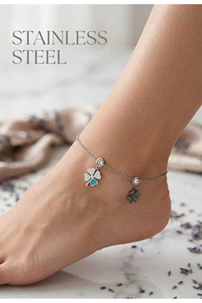 stainless steell Silver Color Turquoise Stone Clover Model Steel Anklet