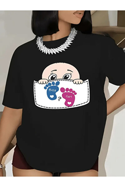 STITCHLY تي شيرت نسائي مبتكر واقتصادي للكشف عن جنس المولود بتصميم وجه رائع وأ...